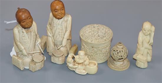 A Canton ivory box, three Japanese ivory or bone figures and an ivory netsuke